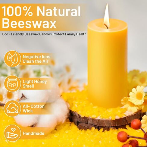 6 Pack Pure Beeswax Pillar Candles– 210 Hours Long Burning Organic Beeswax Candle, 100% Natural Hand-Poured Bees Wax Candles for Home, Parties, Paryer, Smokeless & Dripless 2x4in in Saudi Arabia