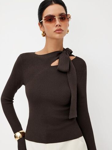 CIDER Knit Asymmetrical Neck Solid Knotted Long Sleeve Top in Saudi Arabia