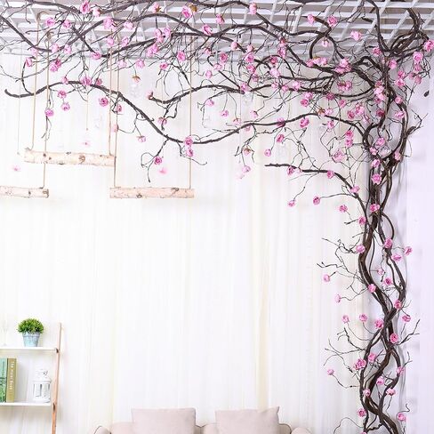 1PCS 300cm/118inch Large Flexible Artificial Tree Fall Vines Twine Wood Branches with Peony Flowers Garland Twig Reptile Climbing Fake Plants for Wedding Arch Christmas Wall Door Hanging Decoration in Kuwait