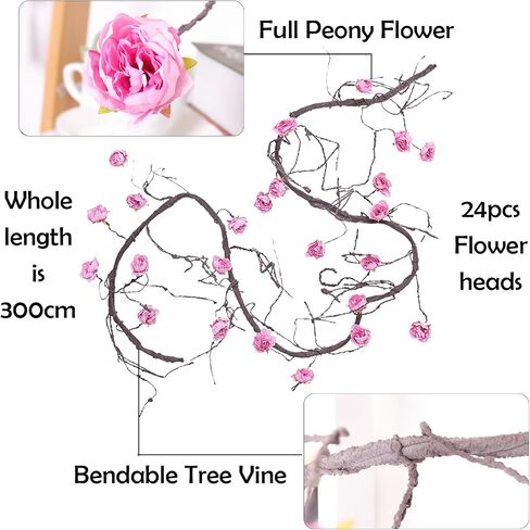 1PCS 300cm/118inch Large Flexible Artificial Tree Fall Vines Twine Wood Branches with Peony Flowers Garland Twig Reptile Climbing Fake Plants for Wedding Arch Christmas Wall Door Hanging Decoration in Kuwait