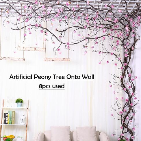 1PCS 300cm/118inch Large Flexible Artificial Tree Fall Vines Twine Wood Branches with Peony Flowers Garland Twig Reptile Climbing Fake Plants for Wedding Arch Christmas Wall Door Hanging Decoration in Kuwait