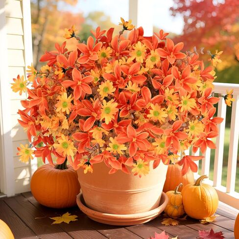 Artificial Outdoor Fall Flowers, Fake Fall Plants UV Resistant for Outside Decoration, Faux Mums Stems Bulk for Front Door Porch Patio Yard Balcony, Autumn Harvest Decor, 16pcs in Saudi Arabia
