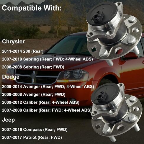 2 x 512332 Rear Wheel Hubs & Bearings Assembly Set Fit for 2011-2014 Chrysler 200/Sebring 2007-2010, 2008-2014 Dodge Avenger, 2007-2012 Caliber, 2007-2017 Jeep Compass Patriot 5 Lugs w/ABS Wheel Hubs in Kuwait