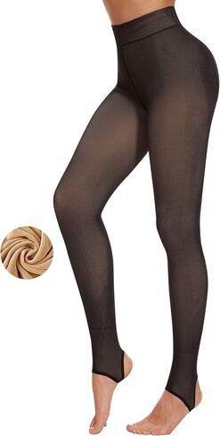 جوارب طويلة مبطنة بالصوف من DOCUMO للنساء، جوارب طويلة حرارية للشتاء الدافئ، سراويل ضيقة سميكة عالية الخصر، لباس ضيق شفاف (300 جرام من الصوف السميك، أسود شفاف، X-Small) in Kuwait