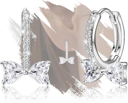 Bow Earrings for Teens Women - Sterling Silver Huugie Hoop Earrings Hypoallergenic Cubic Zirconia Cute Ribbon Bowknot Loop Earring Dainty Sparkle Jewelry Gifts for Her Daughter Granddaughter Niece in Saudi Arabia