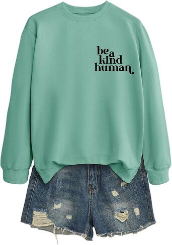 Women's Sweatshirt Be A Kind Human Letter Print Long Sleeve Crew Neck Graphic Pullover Top Girls Cotton Casual Shirt in Saudi Arabia