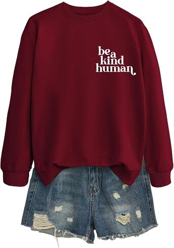 كنزة نسائية من النوع الثقيل Be A Kind Human Letter مطبوعة بأكمام طويلة ورقبة دائرية ورسومات صوفية علوية من القطن للفتيات قميص كاجوال in Kuwait