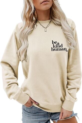 كنزة نسائية من النوع الثقيل Be A Kind Human Letter مطبوعة بأكمام طويلة ورقبة دائرية ورسومات صوفية علوية من القطن للفتيات قميص كاجوال in Kuwait