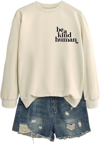 كنزة نسائية من النوع الثقيل Be A Kind Human Letter مطبوعة بأكمام طويلة ورقبة دائرية ورسومات صوفية علوية من القطن للفتيات قميص كاجوال in Kuwait