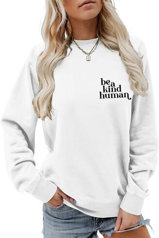 كنزة نسائية من النوع الثقيل Be A Kind Human Letter مطبوعة بأكمام طويلة ورقبة دائرية ورسومات صوفية علوية من القطن للفتيات قميص كاجوال in Kuwait