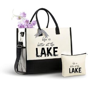 InnoBeta Lake Gifts Canvas Tote Bag, Life Is Better at The Lake, Lake Life Gifts Bag with Top Zipper Closure and Shoulder Strap for Birthday, Mother's Day, Christmas in Saudi Arabia