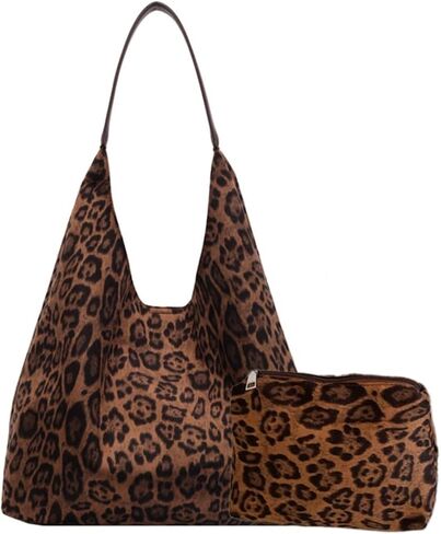 Leopard Print Hobo Tote Bag Set with Matching Pouch, Large Capacity Shoulder Bag for Women, 14.17x4.72x12.6 inches in Saudi Arabia