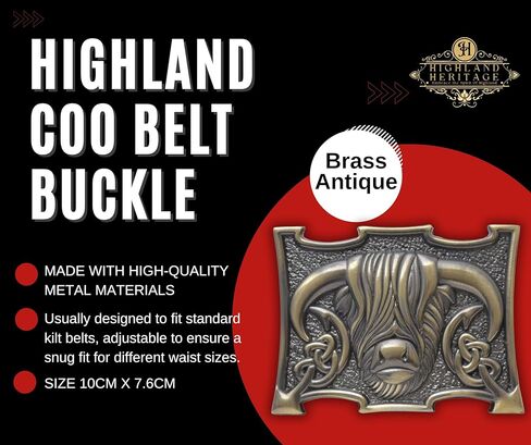 مشبك حزام من Scottish Heilan Coo Kilt - إبزيم من البيوتر على شكل بقرة هايلاند، إكسسوار سلتيك أنيق للرجال، 10 سم × 7.6 سم in Kuwait