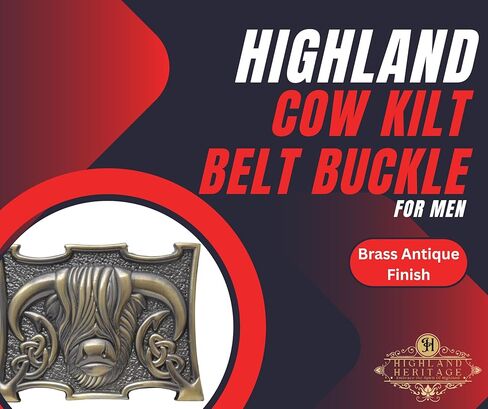 مشبك حزام من Scottish Heilan Coo Kilt - إبزيم من البيوتر على شكل بقرة هايلاند، إكسسوار سلتيك أنيق للرجال، 10 سم × 7.6 سم in Kuwait