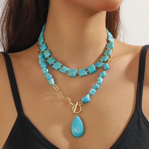 GIGB PBDK Western Turquoise Layered Chain Necklaces for Women Boho Multilevel Cactus Choker Necklace Set Tauren Link Pendant Necklaces Jewelry Gifts 2024 in Saudi Arabia