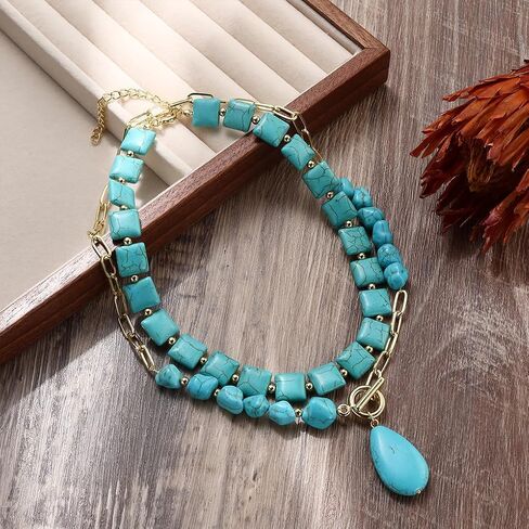 GIGB PBDK Western Turquoise Layered Chain Necklaces for Women Boho Multilevel Cactus Choker Necklace Set Tauren Link Pendant Necklaces Jewelry Gifts 2024 in Saudi Arabia