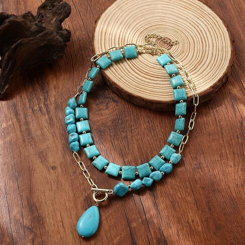 GIGB PBDK Western Turquoise Layered Chain Necklaces for Women Boho Multilevel Cactus Choker Necklace Set Tauren Link Pendant Necklaces Jewelry Gifts 2024 in Saudi Arabia