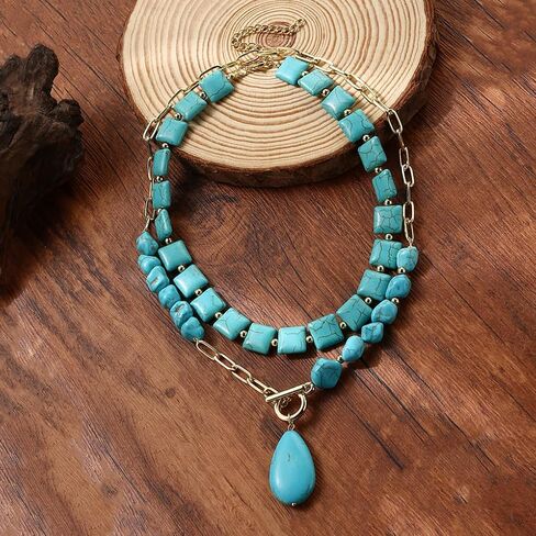 GIGB PBDK Western Turquoise Layered Chain Necklaces for Women Boho Multilevel Cactus Choker Necklace Set Tauren Link Pendant Necklaces Jewelry Gifts 2024 in Saudi Arabia