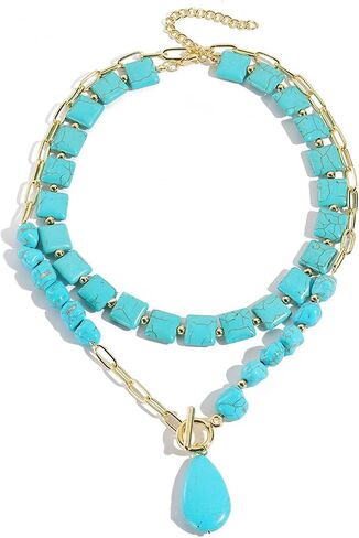 GIGB PBDK Western Turquoise Layered Chain Necklaces for Women Boho Multilevel Cactus Choker Necklace Set Tauren Link Pendant Necklaces Jewelry Gifts 2024 in Saudi Arabia