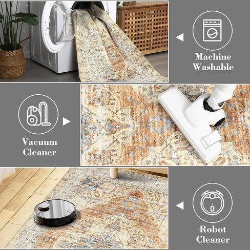 GarveeHome 9x12 Area Rugs for Living Room, Large Ultra-Thin Washable Rug, Non-Slip Lightweight Foldable Area Rug, Stain Resistant Vintage Large Rugs Blue in Saudi Arabia