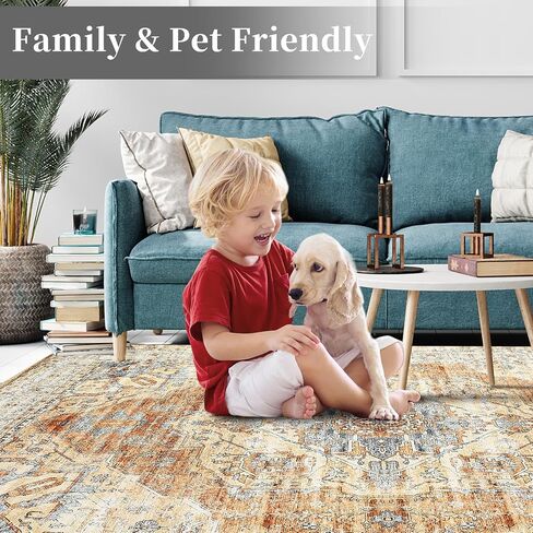 GarveeHome 9x12 Area Rugs for Living Room, Large Ultra-Thin Washable Rug, Non-Slip Lightweight Foldable Area Rug, Stain Resistant Vintage Large Rugs Blue in Saudi Arabia