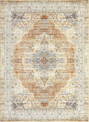 GarveeHome 9x12 Area Rugs for Living Room, Large Ultra-Thin Washable Rug, Non-Slip Lightweight Foldable Area Rug, Stain Resistant Vintage Large Rugs Blue in Saudi Arabia