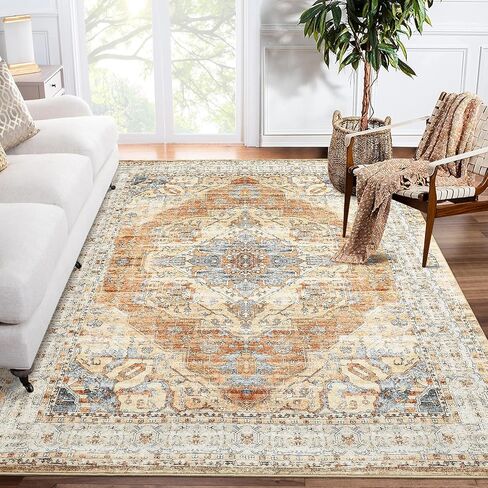 GarveeHome 9x12 Area Rugs for Living Room, Large Ultra-Thin Washable Rug, Non-Slip Lightweight Foldable Area Rug, Stain Resistant Vintage Large Rugs Blue in Saudi Arabia