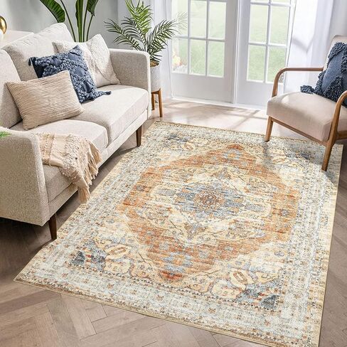 GarveeHome 9x12 Area Rugs for Living Room, Large Ultra-Thin Washable Rug, Non-Slip Lightweight Foldable Area Rug, Stain Resistant Vintage Large Rugs Blue in Saudi Arabia