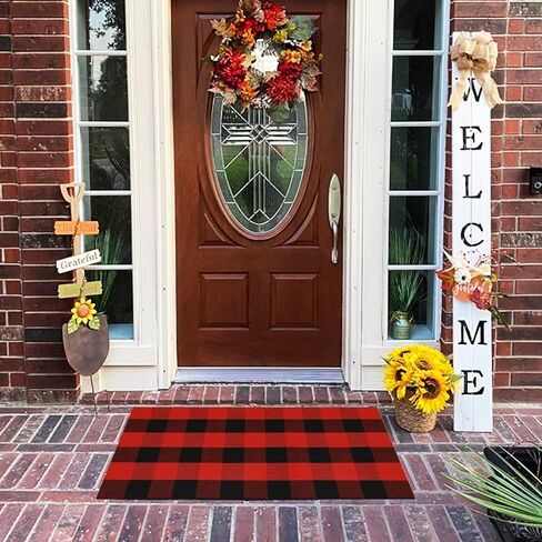 MUBIN Cotton Black and Red Plaid Rug, 3'x5' Outdoor Front Door Decor Mat, Hand-Woven Reversible Foldable Rug for Layered Door Mats Washable Carpet for Front Porch, Entryway, Farmhouse in Saudi Arabia