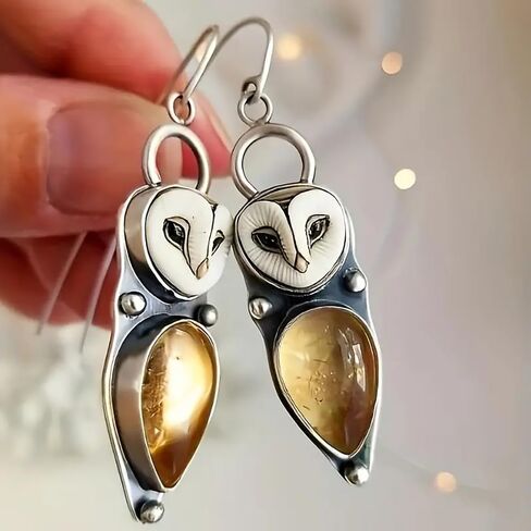 Personality Owl Design Dangle Earrings for Women Pear Shaped Yellow Stone Vintage Jewelry in Saudi Arabia