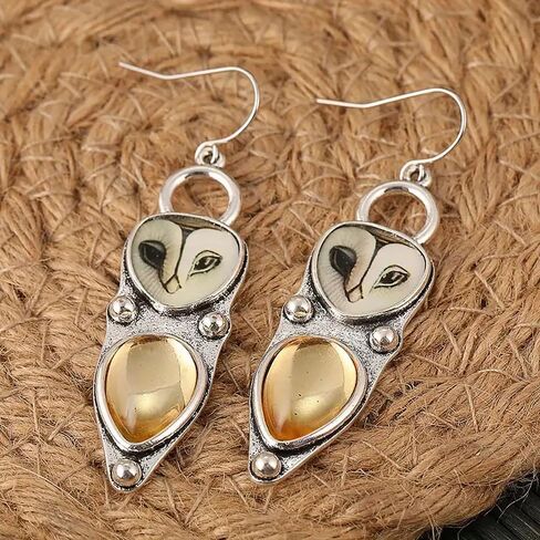 Personality Owl Design Dangle Earrings for Women Pear Shaped Yellow Stone Vintage Jewelry in Saudi Arabia