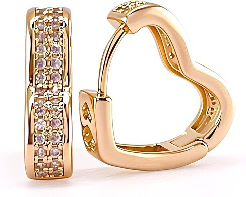 Champagne Gold Plated Studded Heart Shaped Small Huggie Hoops Earrings,Geometric Minimalist,Single-Sided Cubic Zirconia CZ Chunky Lightweight Fashion Jewelry for Women Trendy,14k gold plated in Saudi Arabia