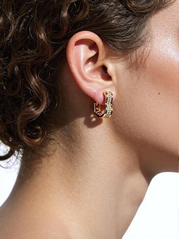 Champagne Gold Plated Studded Heart Shaped Small Huggie Hoops Earrings,Geometric Minimalist,Single-Sided Cubic Zirconia CZ Chunky Lightweight Fashion Jewelry for Women Trendy,14k gold plated in Saudi Arabia