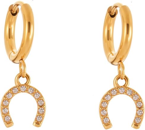 Lucky Horseshoe Dangle Hoop Earrings for Women Gold-Tone Plated Stainless Steel Cubic Zirconia Dainty Elegant Good Luck U Shape Hypoallergenic Mini Huggie Hoops Earring Fashion Jewelry Animal Horse Lover in Saudi Arabia