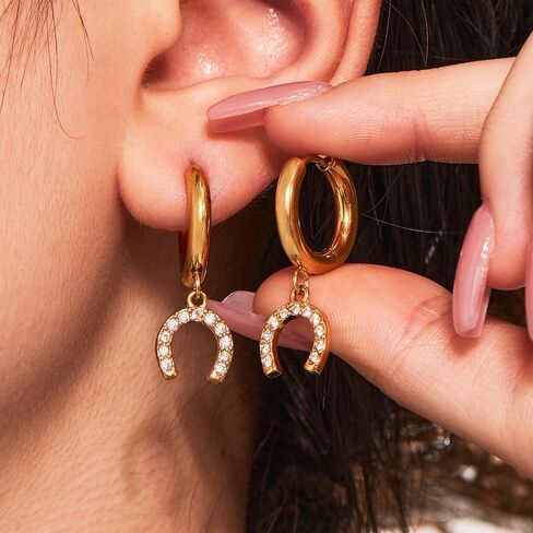 Lucky Horseshoe Dangle Hoop Earrings for Women Gold-Tone Plated Stainless Steel Cubic Zirconia Dainty Elegant Good Luck U Shape Hypoallergenic Mini Huggie Hoops Earring Fashion Jewelry Animal Horse Lover in Saudi Arabia