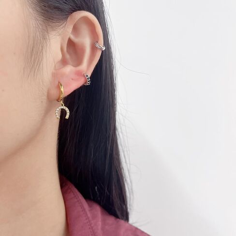 Lucky Horseshoe Dangle Hoop Earrings for Women Gold-Tone Plated Stainless Steel Cubic Zirconia Dainty Elegant Good Luck U Shape Hypoallergenic Mini Huggie Hoops Earring Fashion Jewelry Animal Horse Lover in Saudi Arabia
