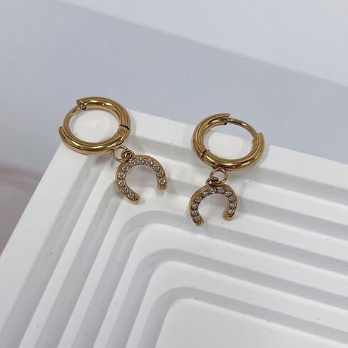 Lucky Horseshoe Dangle Hoop Earrings for Women Gold-Tone Plated Stainless Steel Cubic Zirconia Dainty Elegant Good Luck U Shape Hypoallergenic Mini Huggie Hoops Earring Fashion Jewelry Animal Horse Lover in Saudi Arabia