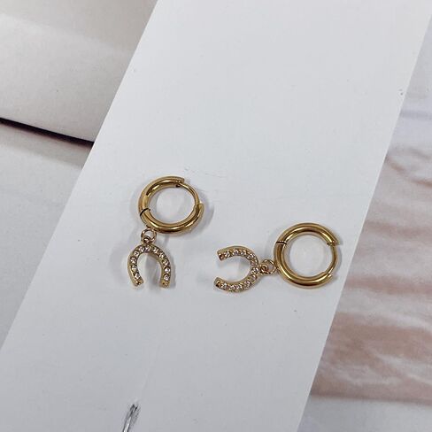 Lucky Horseshoe Dangle Hoop Earrings for Women Gold-Tone Plated Stainless Steel Cubic Zirconia Dainty Elegant Good Luck U Shape Hypoallergenic Mini Huggie Hoops Earring Fashion Jewelry Animal Horse Lover in Saudi Arabia