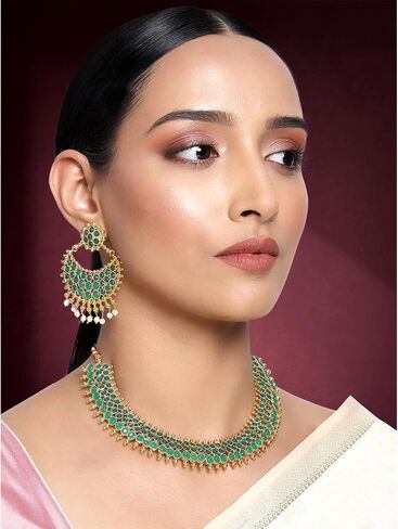 Aheli Traditional Faux Stone Studded Nekclace Earrings Set Bollywood Wedding Ethinc Party Fashion Jewelry Gift for Women in Saudi Arabia