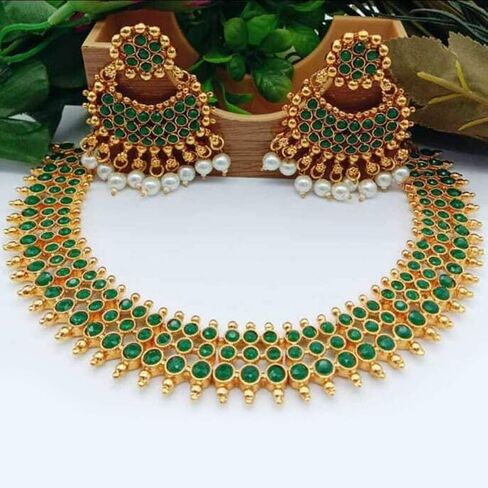 Aheli Traditional Faux Stone Studded Nekclace Earrings Set Bollywood Wedding Ethinc Party Fashion Jewelry Gift for Women in Saudi Arabia