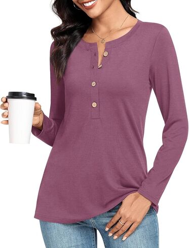 BISHUIGE Womens Long Sleeve Crew Neck Tops Henley Buttons Down Shirts Casual Loose Fit Tunics in Kuwait