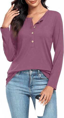 BISHUIGE Womens Long Sleeve Crew Neck Tops Henley Buttons Down Shirts Casual Loose Fit Tunics in Kuwait