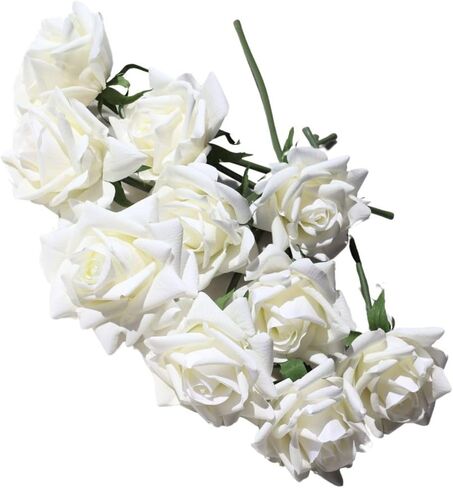 White Rose 10 قطع ورود وهمية - زهور زفاف واقعية - باقة ديكور منزلي مثالية للحفلات والمنزل والمكتب وديكور الكريسماس - ورود بيضاء in Kuwait