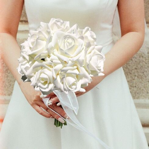 White Rose 10 قطع ورود وهمية - زهور زفاف واقعية - باقة ديكور منزلي مثالية للحفلات والمنزل والمكتب وديكور الكريسماس - ورود بيضاء in Kuwait