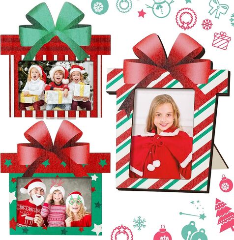Sintuff 3 Pcs Christmas Picture Frame Christmas Photo Frame 4 x 6 Inch with Bow Decorative Wooden Frame Ornaments Gift for Christmas Home Table Tabletop Display Party Decorations(Christmas Tree) in Kuwait
