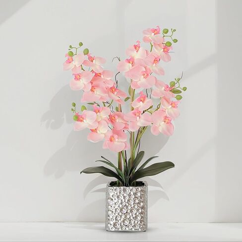 White Orchid Artificial Flowers with Gray Vase Fake Faux Silk Phalaenopsis Arrangement for Home Office Decoration Party Wedding Decor Indoor (3.54" D x 7.87" W x 20" H) in Kuwait
