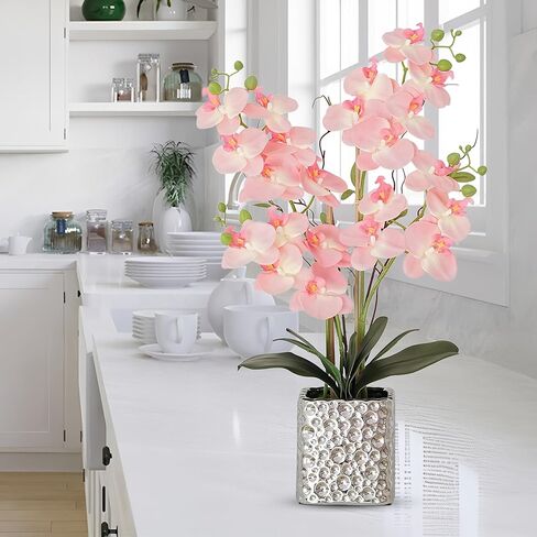 White Orchid Artificial Flowers with Gray Vase Fake Faux Silk Phalaenopsis Arrangement for Home Office Decoration Party Wedding Decor Indoor (3.54" D x 7.87" W x 20" H) in Kuwait