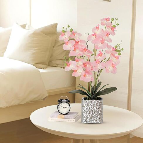White Orchid Artificial Flowers with Gray Vase Fake Faux Silk Phalaenopsis Arrangement for Home Office Decoration Party Wedding Decor Indoor (3.54" D x 7.87" W x 20" H) in Kuwait