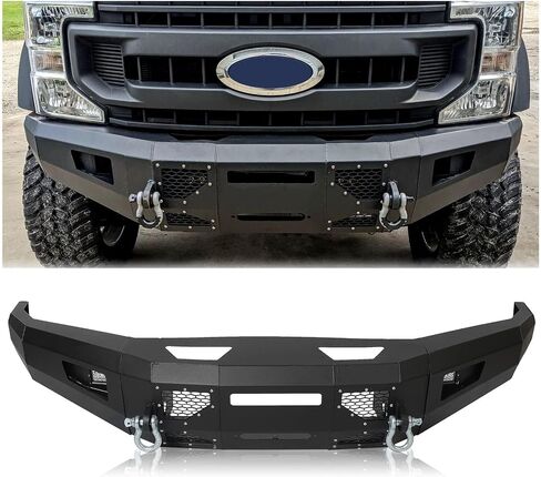 ECOTRIC Front Bumper Compatible with 2017-2022 Ford F250 F350 F450 Super Duty W/LED Light, Winch Plate and D-Rings 3 PCS Bumper Assembly Steel Powder Coated Black - 2 packages in Saudi Arabia