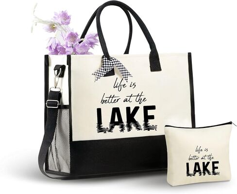 InnoBeta Lake Gifts Canvas Tote Bag, Life Is Better at The Lake, Lake Life Gifts Bag with Top Zipper Closure and Shoulder Strap for Birthday, Mother's Day, Christmas in Saudi Arabia
